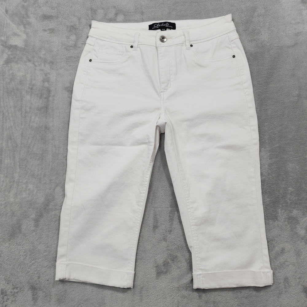 Charlie B Jeans Womens 8 White Mid Rise Capri Crop Cuffed Stretch Denim Casual